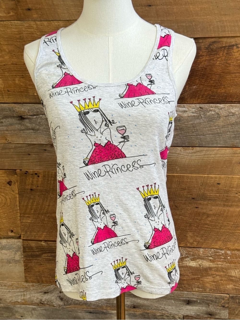 Emerson Street Wine Princess Heather Grey Ribbed Graphic Tank Top Large NWOT